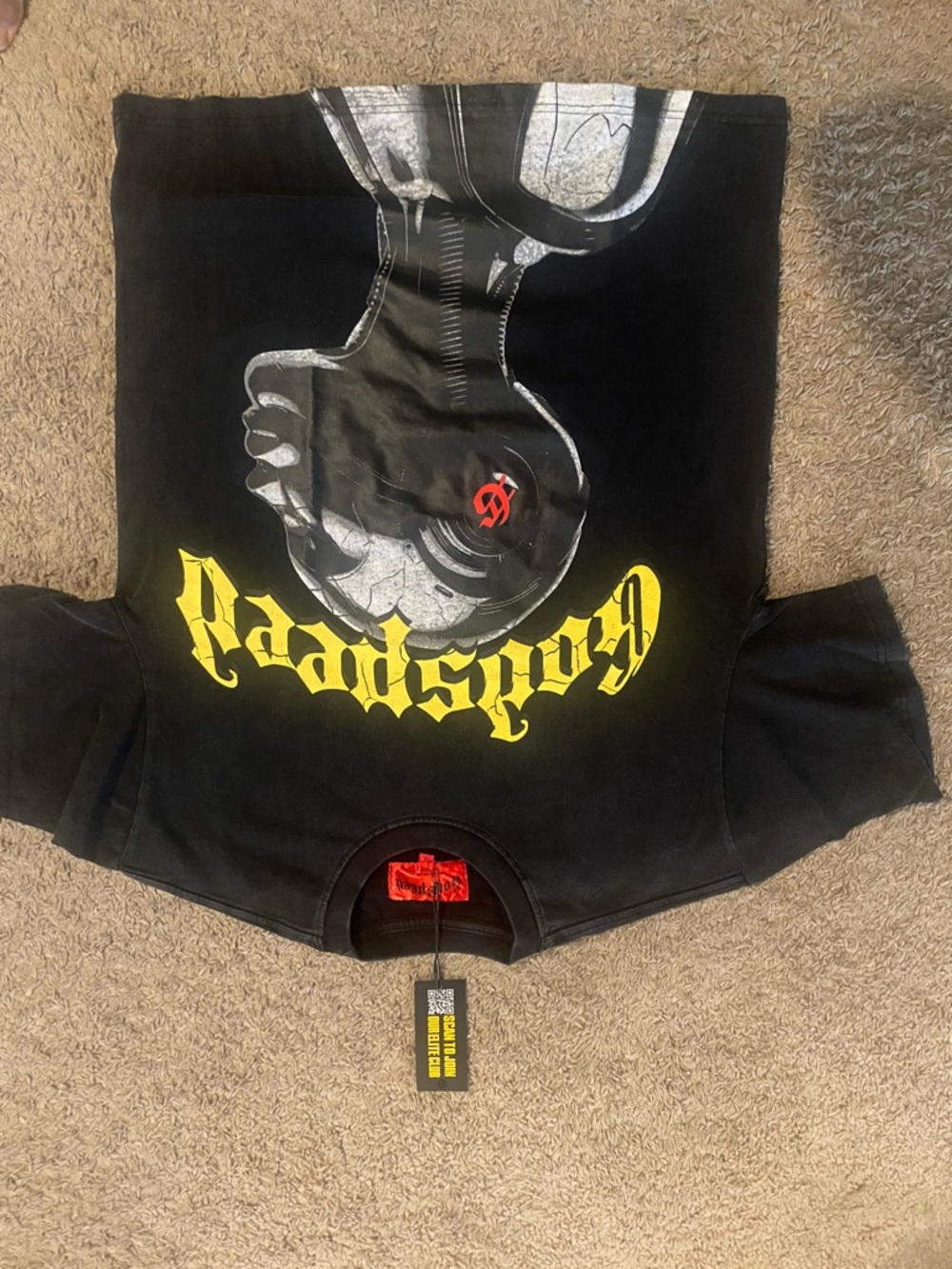 Cav Empt Black Tee with Yellow Tag Print and Red Neck Label